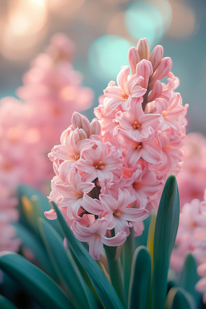 Pink hyacinth in spring, blurred background, pastel colors, soft focus.の素材