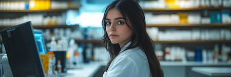 Female pharmacist working in a pharmacy She is saving data on the computer.の素材