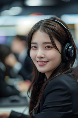 Asian call center employee working in office, communicating with customersの素材