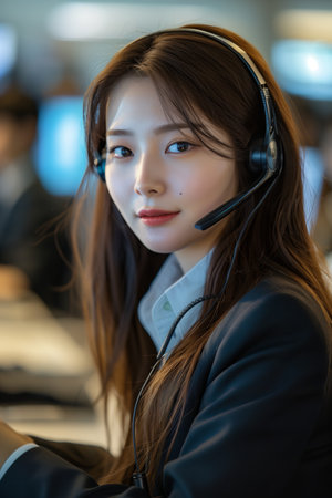 Asian call center employee working in office, communicating with customersの素材