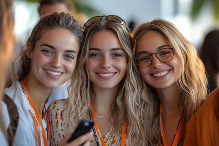 Group of business women taking selfies together in the office.の素材