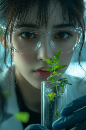Female scientist examines plant leaves in a test tube with liquid.の素材