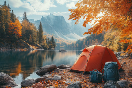 Beautiful autumn nature landscape, camping tent near a stream in the forest.の素材