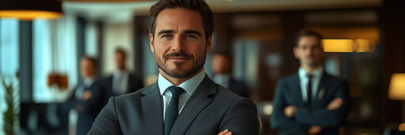 Team of businessmen smiling with confidence in office, leadership, organizationの素材