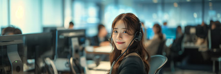 Asian call center employee working in office, communicating with customersの素材