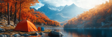 Beautiful autumn nature landscape, camping tent near a stream in the forest.の素材