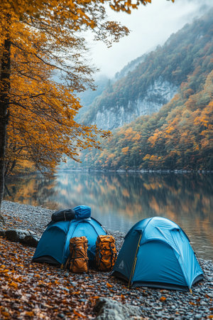 Beautiful autumn nature landscape, camping tent near a stream in the forest.の素材