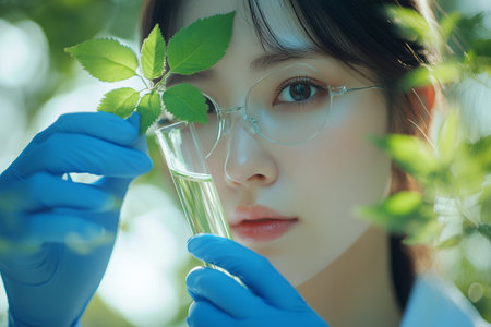 Female scientist examines plant leaves in a test tube with liquid.の素材