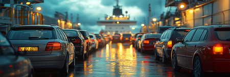 View from behind the car Cars in traffic jam on ferry, sea crossing by ferryの素材