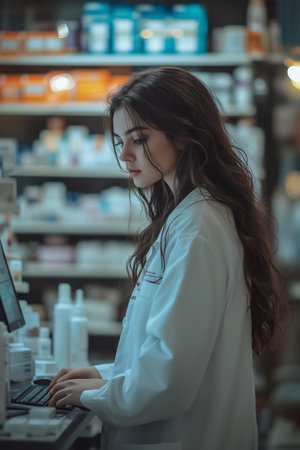 Female pharmacist working in a pharmacy She is saving data on the computer.の素材