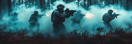 special forces soldier Currently performing duties in the forest, a smoky mission locationの素材