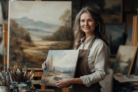 Female artist drawing in the studio Paint oil paintings with brush strokes on canvas.の素材