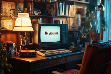 Vintage style room atmosphere with retro technology. both computers and old telephoneの素材