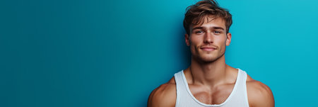 Caucasian male athlete on blue background, Look into the camera with confidence.の素材