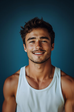 Caucasian male athlete on blue background, Look into the camera with confidence.の素材