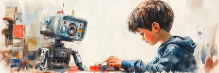 Watercolor painting of a boy repairing a robot in his room.の素材