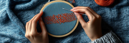 Hand holding needle and thread embroidery on fabric, embroidery craft, embroidery hoopの素材