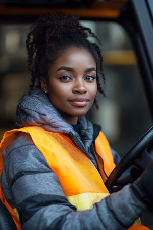 African American female employee driving a forklift in a factory.の素材