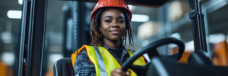 African American female employee driving a forklift in a factory.の素材