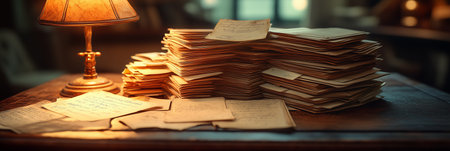 A vintage-style desk with old handwritten documents, lit by the warm glow of an antique lamp.の素材