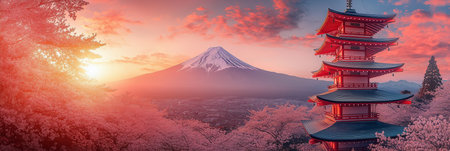 Colorful spring Japanese landscape, Chureito Pagoda with beautiful cherry blossoms and Mount Fuji in the background.の素材