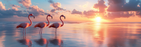 3D image of a flamingo walking in the water at sunset. Beautiful sky with light reflecting on the sea surfaceの素材