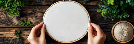 Hand holding needle and thread embroidery on fabric, embroidery craft, embroidery hoopの素材