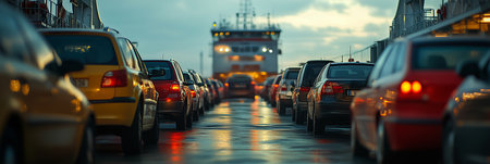 View from behind the car Cars in traffic jam on ferry, sea crossing by ferryの素材