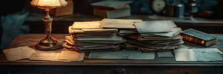 A vintage-style desk with old handwritten documents, lit by the warm glow of an antique lamp.の素材