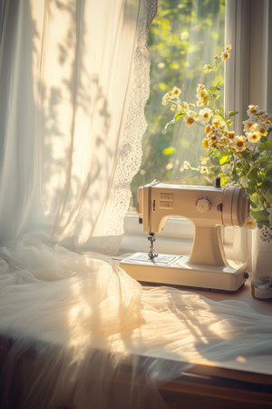 Close-up of a sewing machine and materials ,Manufacturing process for women or accessories in the fashion industry.の素材