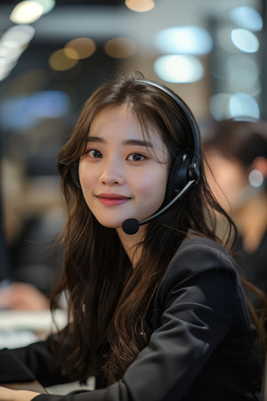 Asian call center employee working in office, communicating with customersの素材