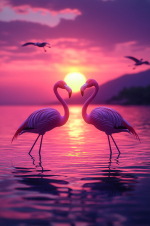 3D image of a flamingo walking in the water at sunset. Beautiful sky with light reflecting on the sea surfaceの素材