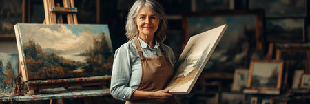 Female artist drawing in the studio Paint oil paintings with brush strokes on canvas.の素材