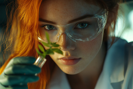 Female scientist examines plant leaves in a test tube with liquid.の素材
