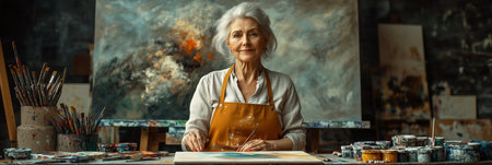 Female artist drawing in the studio Paint oil paintings with brush strokes on canvas.の素材