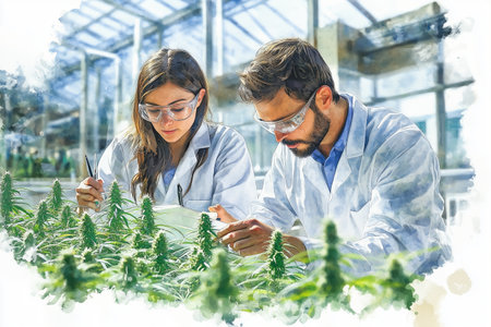 Watercolor painting of male and female researchers examining marijuana plants in a greenhouse.の素材