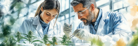 Watercolor painting of male and female researchers examining marijuana plants in a greenhouse.の素材