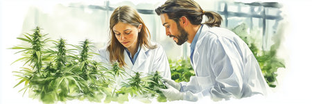 Watercolor painting of male and female researchers examining marijuana plants in a greenhouse.の素材