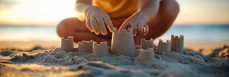 Close-up of hands and castle structure, child building a sand castle on the beach.の素材