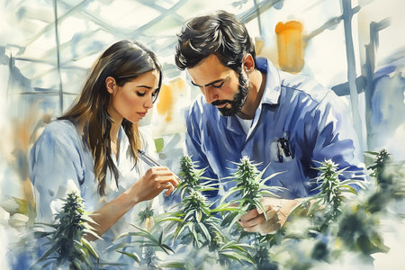 Watercolor painting of male and female researchers examining marijuana plants in a greenhouse.の素材