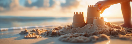 Close-up of hands and castle structure, child building a sand castle on the beach.の素材