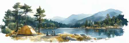 Watercolor painting of a family camping by the water amidst nature overlooking the mountains.の素材