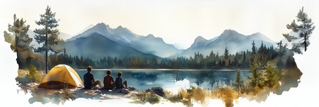 Watercolor painting of a family camping by the water amidst nature overlooking the mountains.の素材