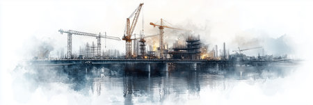 Watercolor painting of river bridge construction.の素材