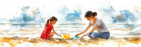 Watercolor painting of mother and daughter picking up trash on the beach.の素材