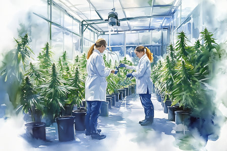 Watercolor painting of male and female researchers examining marijuana plants in a greenhouse.の素材