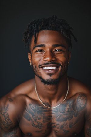 African American man has tattoos on his body on black background.の素材