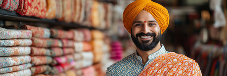 Sikh man looking at camera with confidence in a fabric shop.の素材
