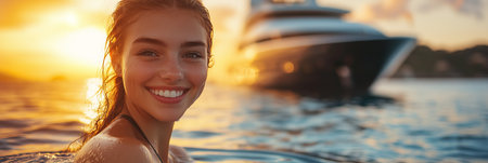 Caucasian woman swimming in the sea, yacht tourの素材