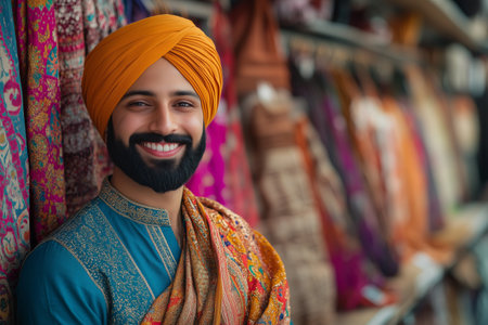 Sikh man looking at camera with confidence in a fabric shop.の素材